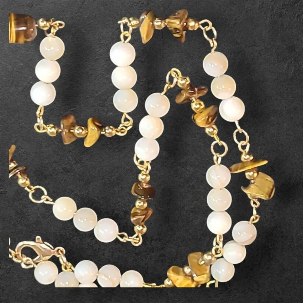 Gold‎ Tone Tiger's Eye & White Stone Bead Station Necklace 22